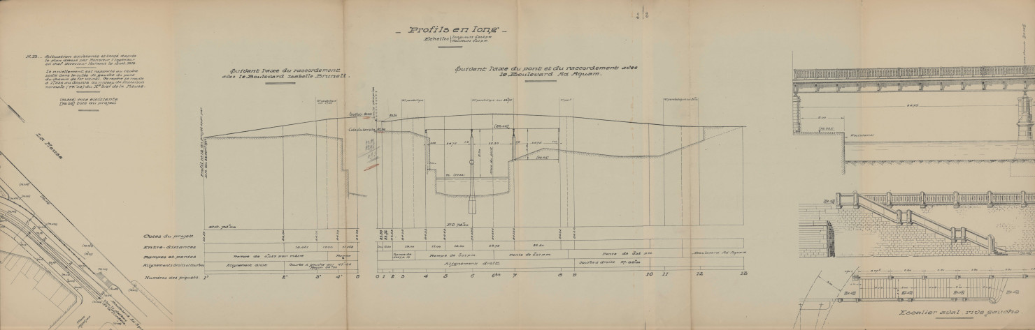Plan du Boulevard circulaire reliant la gare de Namur au plateau de la Citadelle et plan du pont sur la Sambre