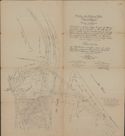 Plan du Boulevard circulaire reliant la gare de Namur au plateau de la Citadelle et plan du pont sur la Sambre