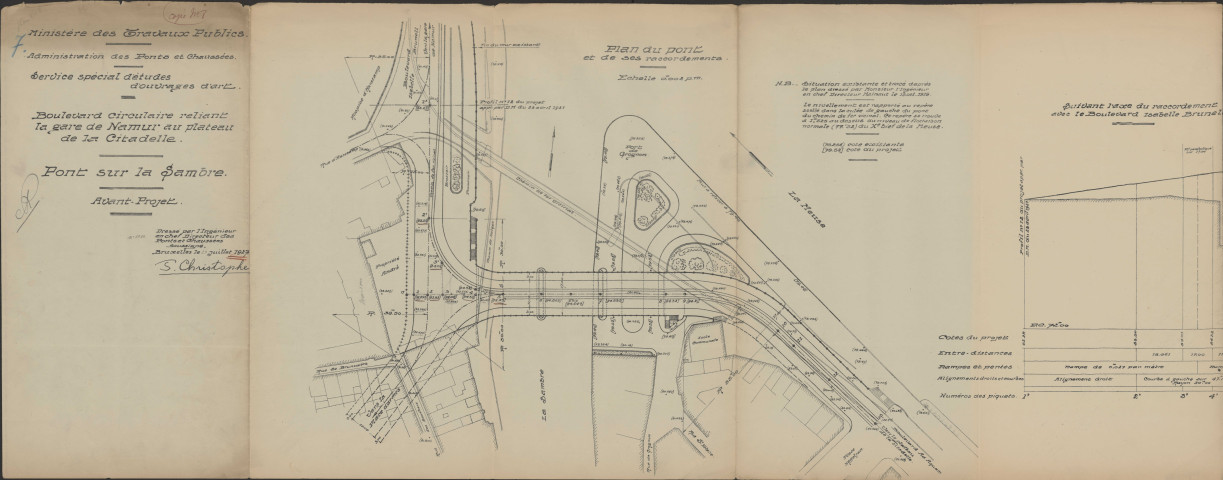 Plan du Boulevard circulaire reliant la gare de Namur au plateau de la Citadelle et plan du pont sur la Sambre