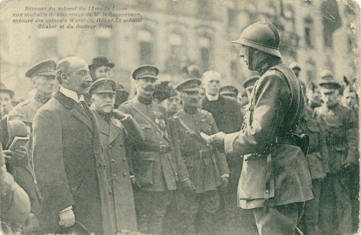 Réponse du colonel du 13me de Ligne aux souhaits de bienvenue de M. le Gouverneur, entouré des colonels Werchin, Houzé, Lt colonel Chabot et du docteur Piret